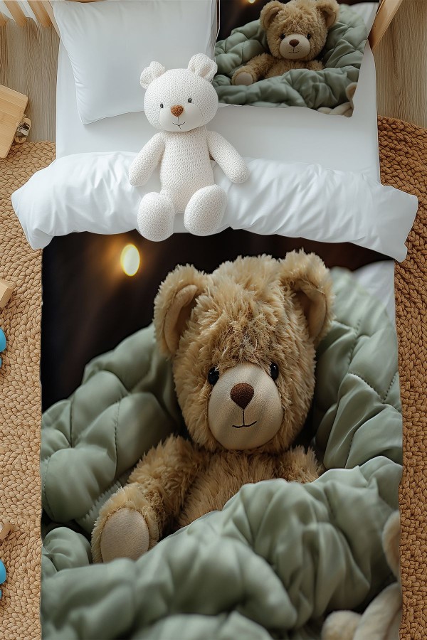 Oyuncak Ayı Teddy Desenli Kız Çocuk Tek Kişilik Nevresim Takımı Yastık Kılıflı