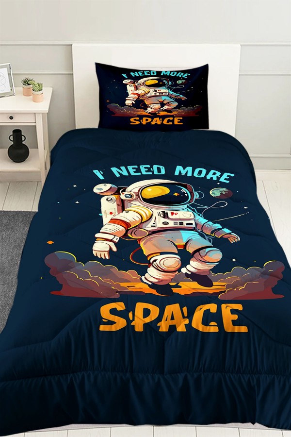 Mavi Astronot Desenli Erkek Çocuk Tek Kişilik Kapitoneli Yorgan Yastık Kılıflı