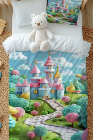 Renkli Şato Desenli Kız Çocuk Tek Kişilik Nevresim Takımı Yastık Kılıflı