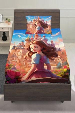Prenses Şatalu Desenli Kız Çocuk Tek Kişilik Yastıklı Lastikli Çarşaf Takımı 100x200cm