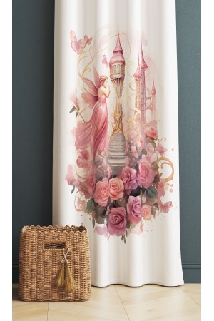 Pembe Perili Çiçekli Desenli Çocuk Odası Fon Perde 140x260cm