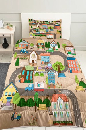 Mahalle Şehir Desenli Erkek Çocuk Tek Kişilik Kapitoneli Yorgan Yastık Kılıflı