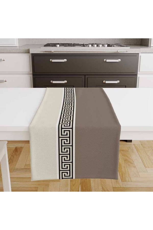 Kahverengi Kilit Desenli Baskılı Leke Tutmaz Dertsiz Dekoratif Runner Örtüsü 40x140cm