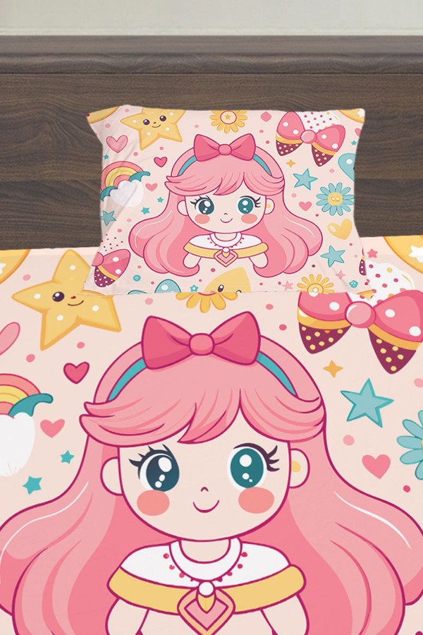 Anime Pembe Prenses Desenli Kız Çocuk Tek Kişilik Yastıklı Lastikli Çarşaf Takımı 100x200cm Anime Pembe Prenses Desenli Kız Çocuk Tek Kişilik Yastıklı Lastikli Çarşaf Takımı 100x200cm