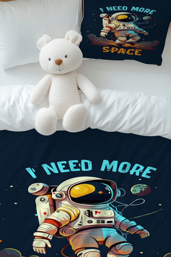 Mavi Astronot Desenli Erkek Çocuk Tek Kişilik Nevresim Takımı Yastık Kılıflı