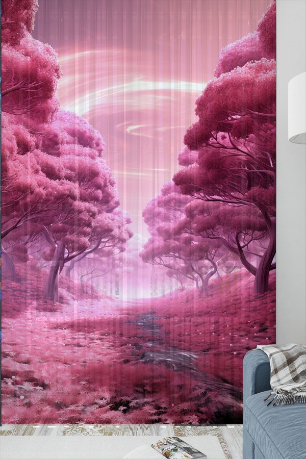 Mor Çiçek Bahçesi Desenli Kıc Çocuk Tül Perde Tek Kanat 140x260cm