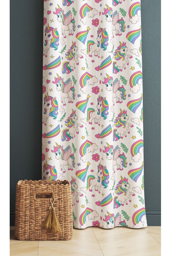 Gökkuşağı Unicorn Atlı Desenli Kız Çocuk Odası Fon Perde 140x260cm Gökkuşağı Unicorn Atlı Desenli Kız Çocuk Odası Fon Perde 140x260cm