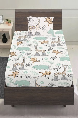 Orman Hayvanları Desenli Erkek Çocuk Tek Kişilik Yastıklı Lastikli Çarşaf Takımı 100x200cm