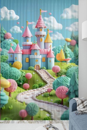 Renkli Şato Desenli Kız Çocuk Tül Perde Tek Kanat 140x260cm