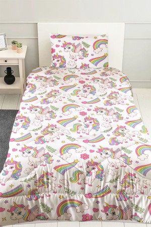 Gökkuşağı Unicorn Atlı Desenli Kız Çocuk Tek Kişilik Kapitoneli Yorgan Yastık Kılıflı