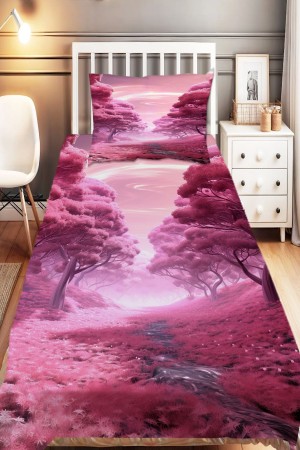 Mor Çiçek Bahçesi Desenli Kıc Çocuk Tek Kişilik Dekoratif Yatak Örtüsü Yastık Kılıflı