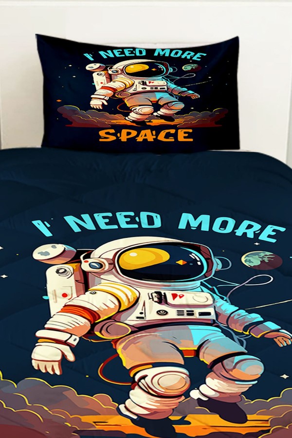 Mavi Astronot Desenli Erkek Çocuk Tek Kişilik Kapitoneli Yorgan Yastık Kılıflı