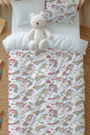 Gökkuşağı Unicorn Atlı Desenli Kız Çocuk Tek Kişilik Nevresim Takımı Yastık Kılıflı