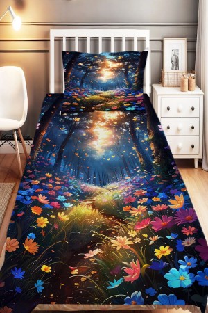 Çiçek Bahçesi Desenli Kız Çocuk Tek Kişilik Dekoratif Yatak Örtüsü Yastık Kılıflı