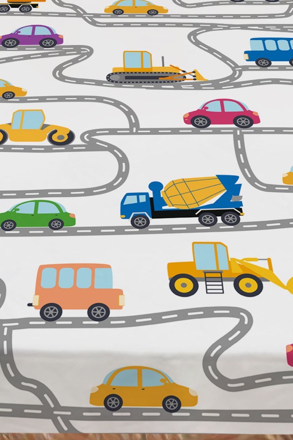 İş Makineleri Trafik Desenli Erkek Çocuk Tek Kişilik Dekoratif Yatak Örtüsü Yastık Kılıflı