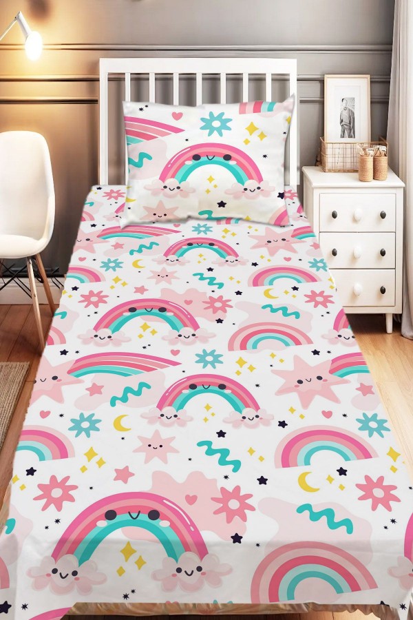 Pembe Gök Kuşaklı Desenli Kız Çocuk Tek Kişilik Dekoratif Yatak Örtüsü Yastık Kılıflı