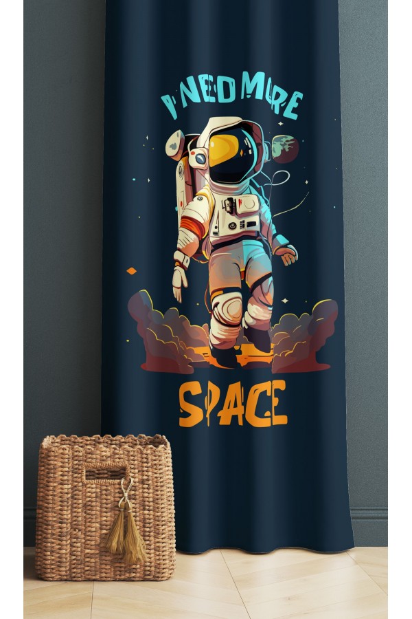 Mavi Astronot Desenli Erkek Çocuk Odası Fon Perde 140x260cm
