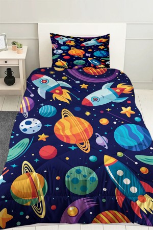 Uzay Gezegenler Desenli Erkek Çocuk Tek Kişilik Kapitoneli Yorgan Yastık Kılıflı