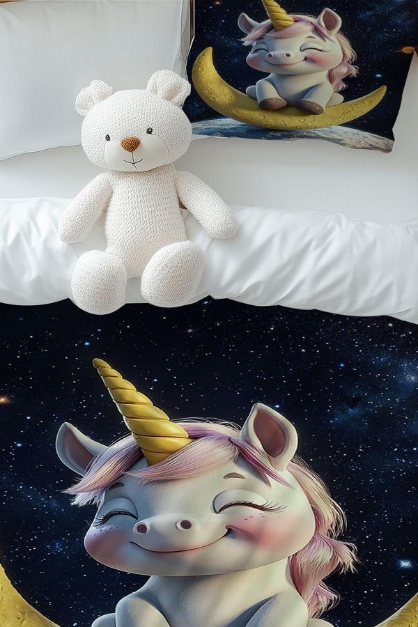 Ayda Oturan Unicorn Desenli Kız Çocuk Tek Kişilik Nevresim Takımı Yastık Kılıflı