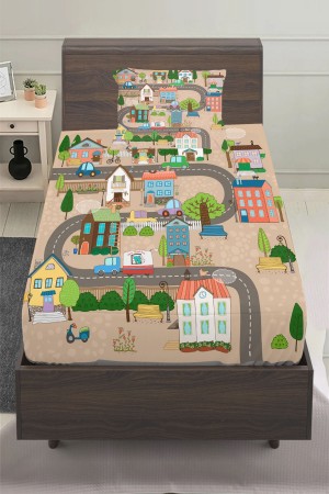 Mahalle Şehir Desenli Erkek Çocuk Tek Kişilik Yastıklı Lastikli Çarşaf Takımı 100x200cm