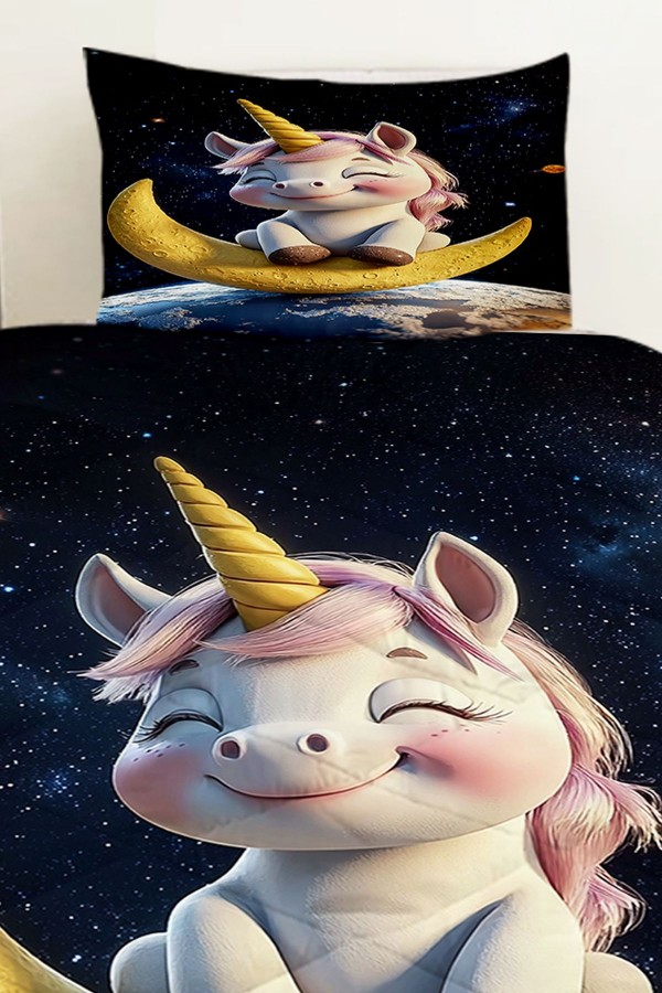 Ayda Oturan Unicorn Desenli Kız Çocuk Tek Kişilik Kapitoneli Yorgan Yastık Kılıflı Ayda Oturan Unicorn Desenli Kız Çocuk Tek Kişilik Kapitoneli Yorgan Yastık Kılıflı