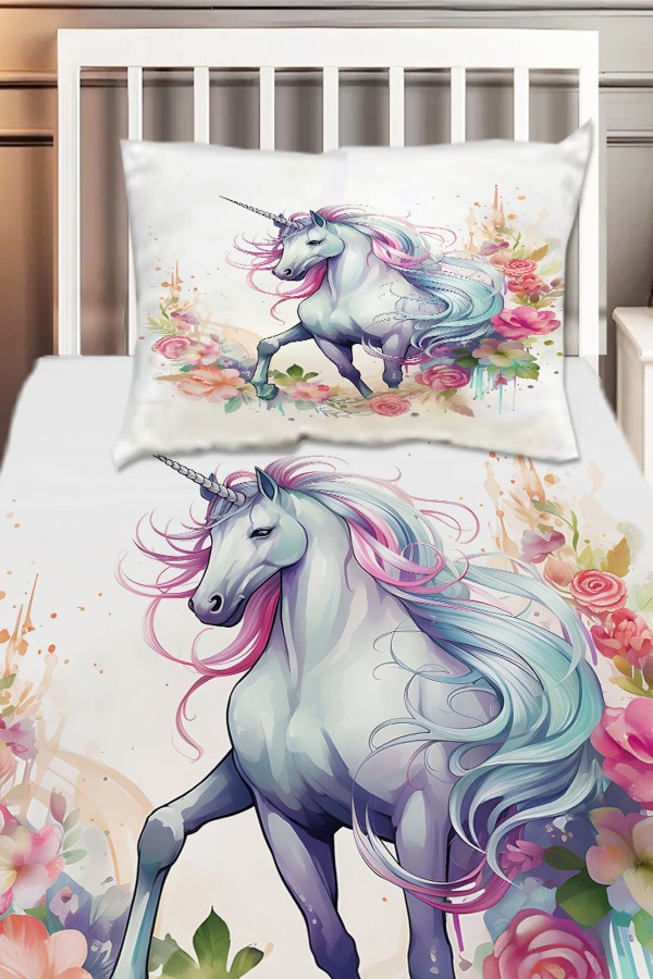 Renkli Çiçekli Unicorn Atlı Desenli Kız Çocuk Tek Kişilik Dekoratif Yatak Örtüsü Yastık Kılıflı