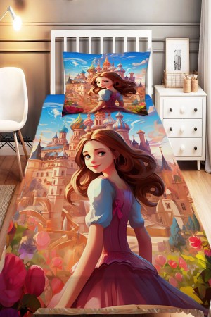 Prenses Şatalu Desenli Kız Çocuk Tek Kişilik Dekoratif Yatak Örtüsü Yastık Kılıflı