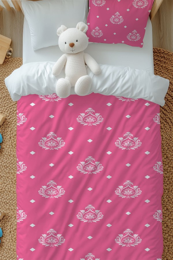 Pembe Beyaz Retro Desenli Kız Çocuk Tek Kişilik Nevresim Takımı Yastık Kılıflı
