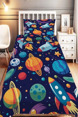 Uzay Gezegenler Desenli Erkek Çocuk Tek Kişilik Dekoratif Yatak Örtüsü Yastık Kılıflı