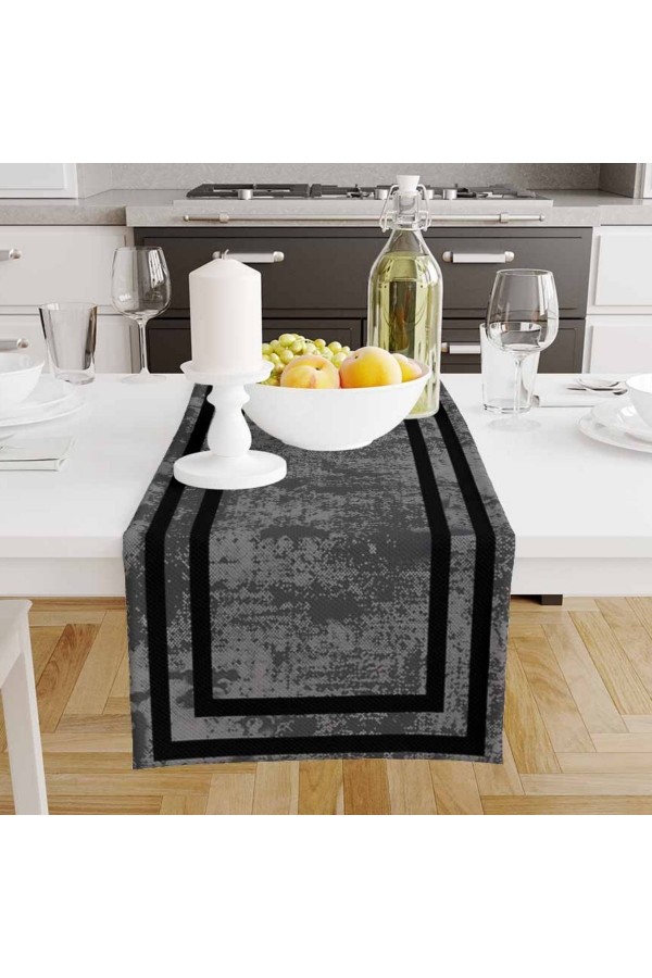 Siyah Gri Çizgi Desenli Baskılı Leke Tutmaz Dertsiz Dekoratif Runner Örtüsü 40x140cm