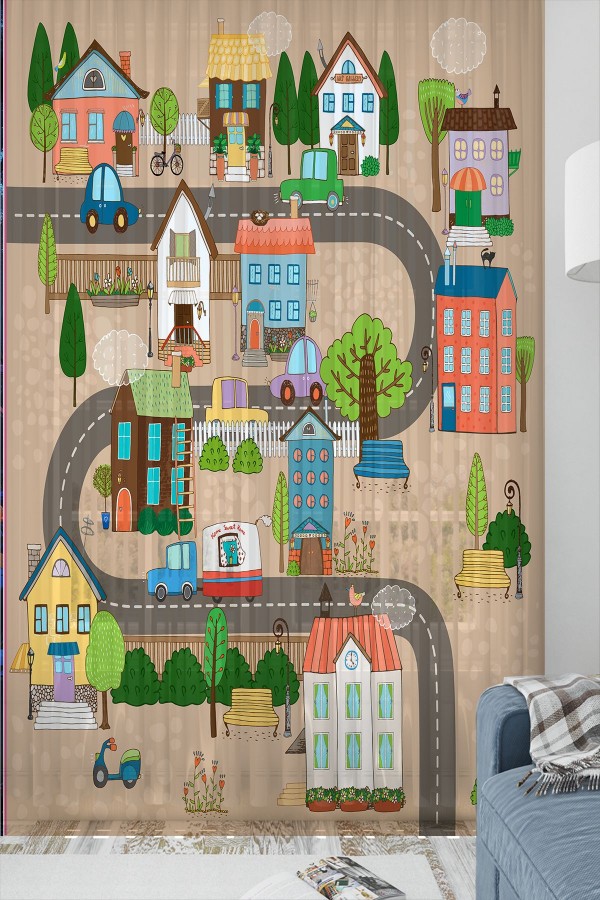 Mahalle Şehir Desenli Erkek Çocuk Tül Perde Tek Kanat 140x260cm