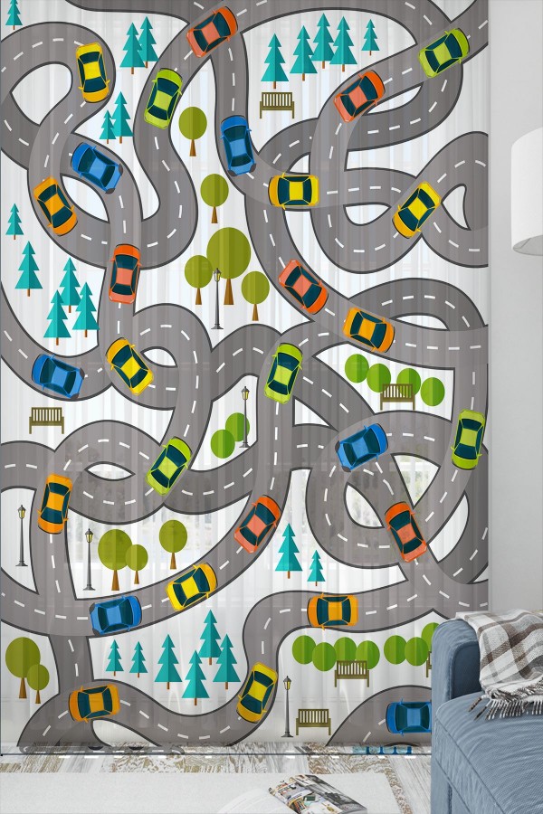 Trafik Araba Yol Desenli Erkek Çocuk Tül Perde Tek Kanat 140x260cm Trafik Araba Yol Desenli Erkek Çocuk Tül Perde Tek Kanat 140x260cm