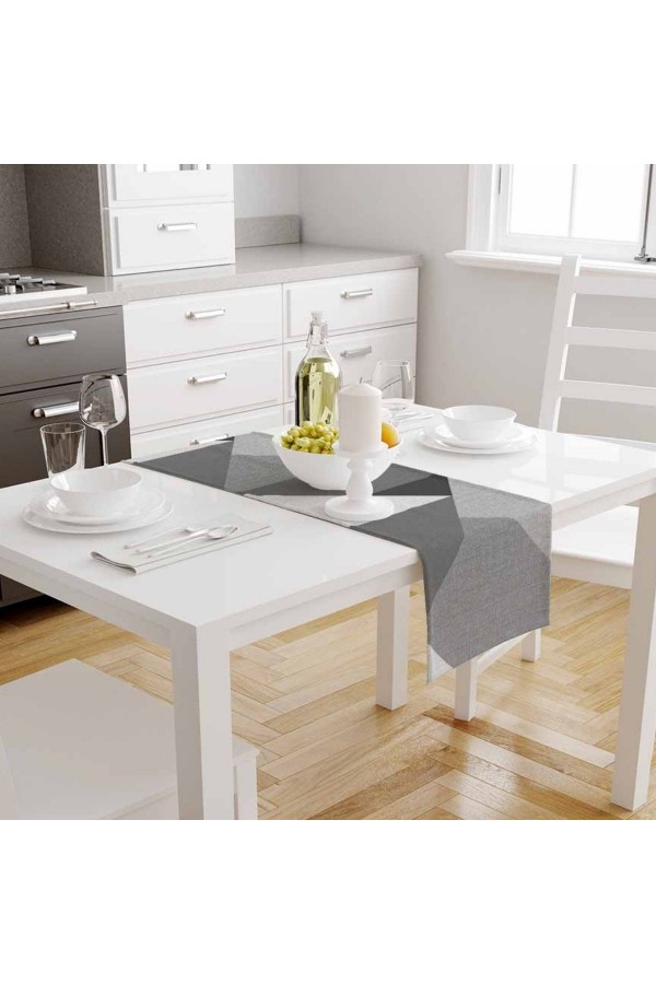 Gri Üçgenler Desenli Baskılı Leke Tutmaz Dertsiz Dekoratif Runner Örtüsü 40x140cm