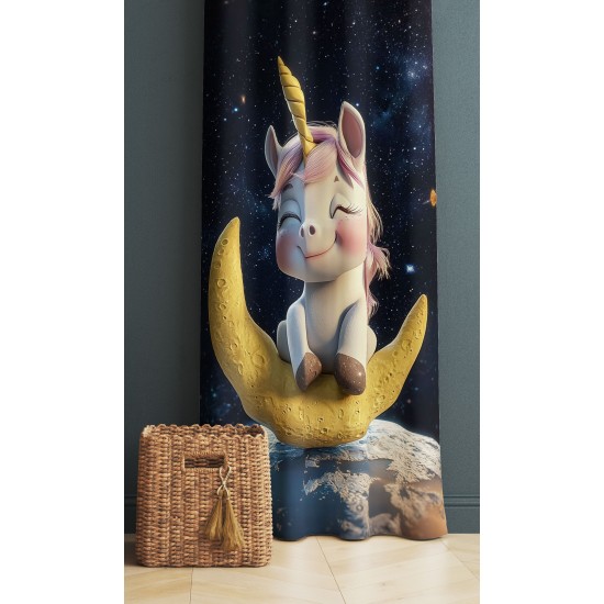 Ayda Oturan Unicorn Desenli Kız Çocuk Odası Fon Perde 140x260cm