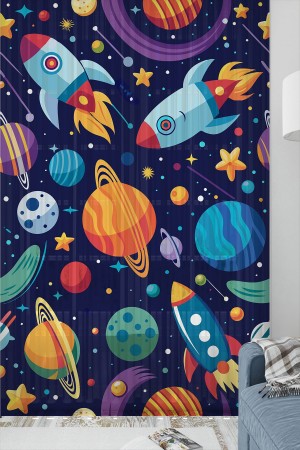 Uzay Gezegenler Desenli Erkek Çocuk Tül Perde Tek Kanat 140x260cm