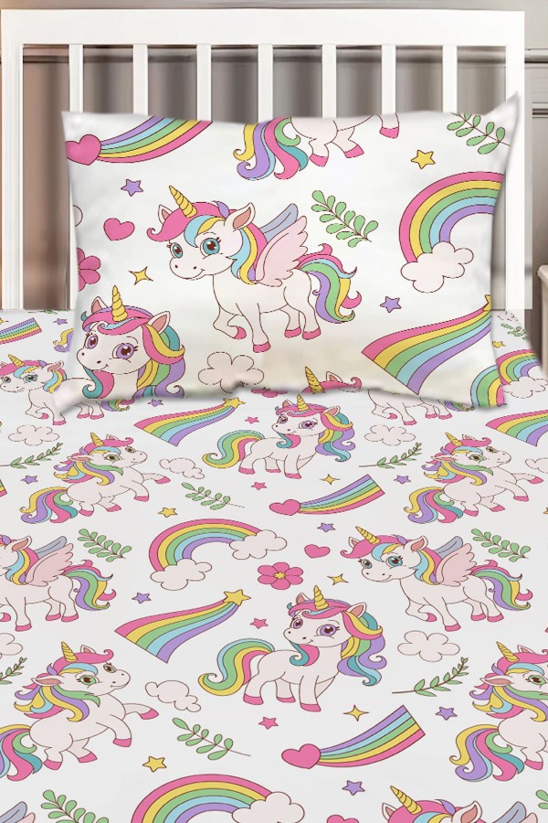 Gökkuşağı Unicorn Atlı Desenli Kız Çocuk Tek Kişilik Dekoratif Yatak Örtüsü Yastık Kılıflı