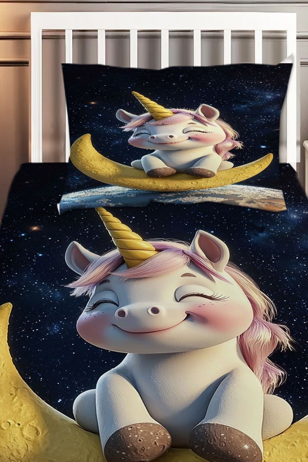 Ayda Oturan Unicorn Desenli Kız Çocuk Tek Kişilik Dekoratif Yatak Örtüsü Yastık Kılıflı