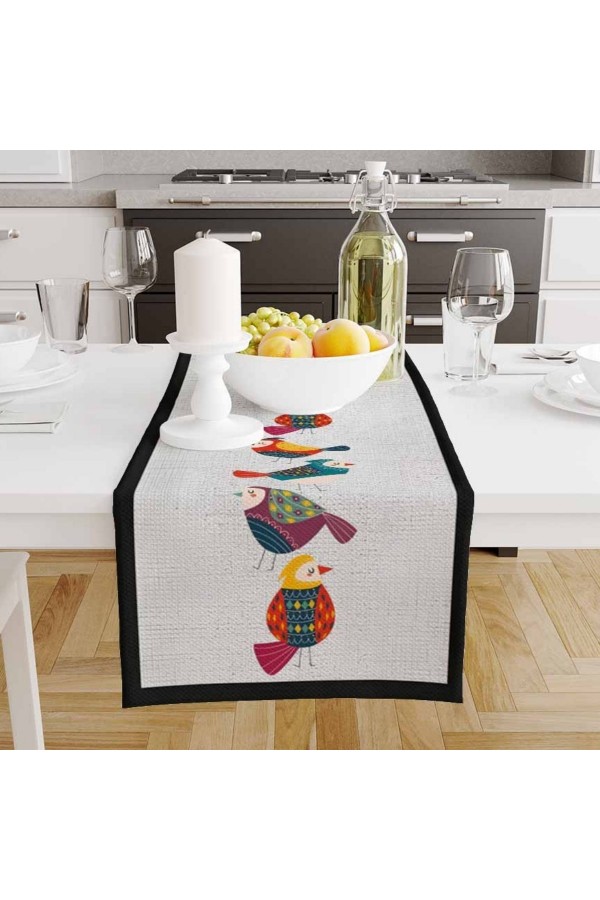 Renkli Kuşlar BeyazDesenli Baskılı Leke Tutmaz Dertsiz Dekoratif Runner Örtüsü 40x140cm