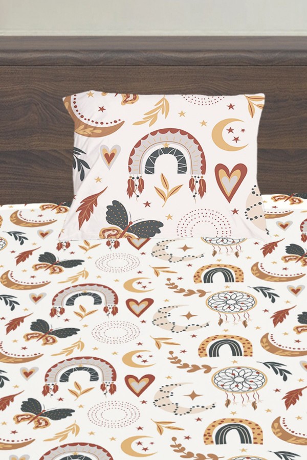 Boho Gökkuşağı Desenli Kız Çocuk Tek Kişilik Yastıklı Lastikli Çarşaf Takımı 100x200cm