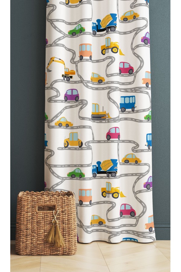 İş Makineleri Trafik Desenli Erkek Çocuk Odası Fon Perde 140x260cm