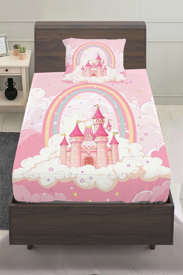 Pembe Şatolu Desenli Kız Çocuk Tek Kişilik Yastıklı Lastikli Çarşaf Takımı 100x200cm