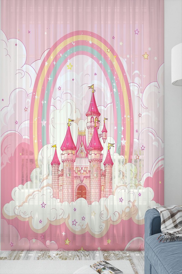 Pembe Şatolu Desenli Kız Çocuk Tül Perde Tek Kanat 140x260cm