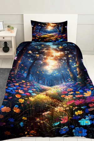 Çiçek Bahçesi Desenli Kız Çocuk Tek Kişilik Kapitoneli Yorgan Yastık Kılıflı