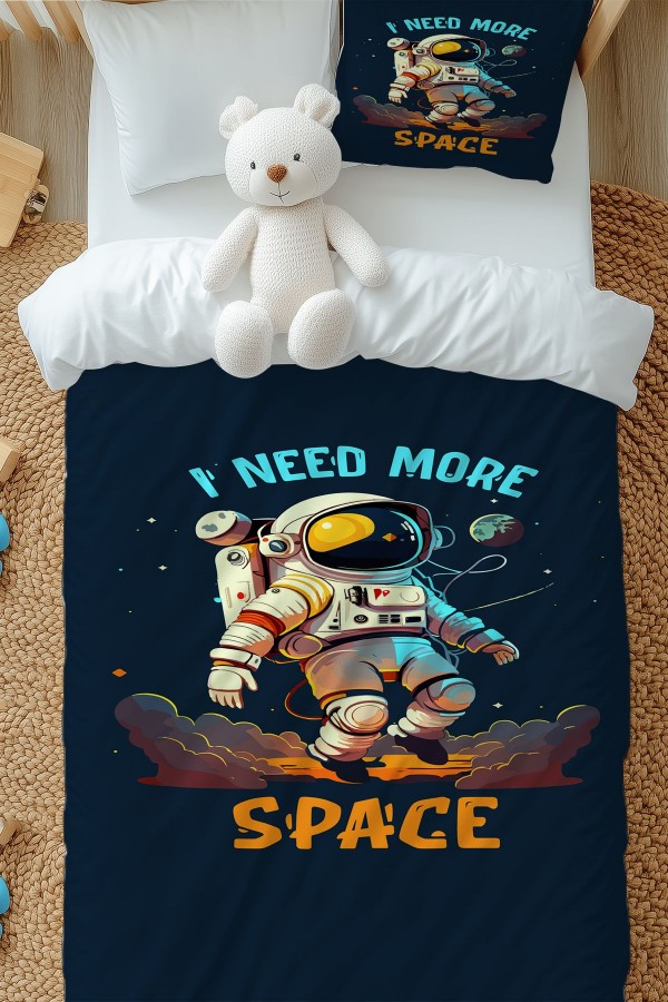 Mavi Astronot Desenli Erkek Çocuk Tek Kişilik Nevresim Takımı Yastık Kılıflı