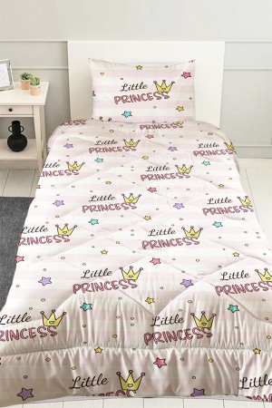 Prenses Yazılı Pembe Desenli Kız Çocuk Tek Kişilik Kapitoneli Yorgan Yastık Kılıflı
