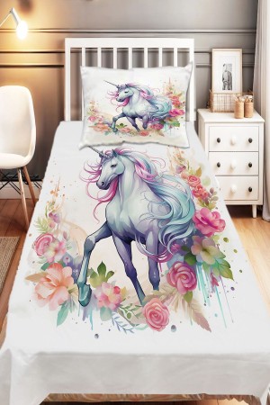 Renkli Çiçekli Unicorn Atlı Desenli Kız Çocuk Tek Kişilik Dekoratif Yatak Örtüsü Yastık Kılıflı
