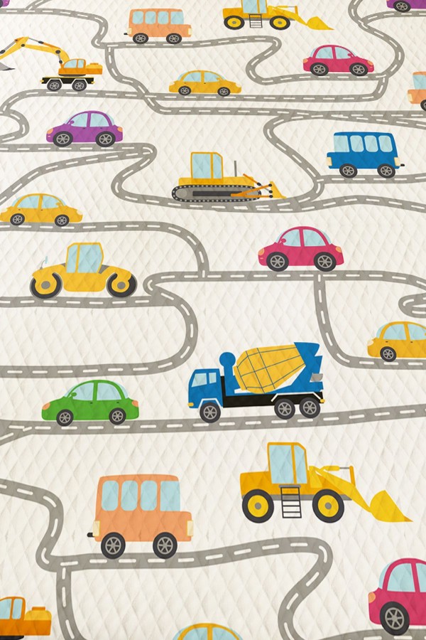 İş Makineleri Trafik Desenli Erkek Çocuk Tek Kişilik Pike Takımı Kapitoneli Yatak Örtüsü