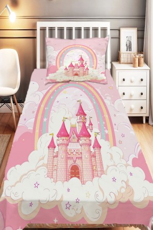 Pembe Şatolu Desenli Kız Çocuk Tek Kişilik Dekoratif Yatak Örtüsü Yastık Kılıflı