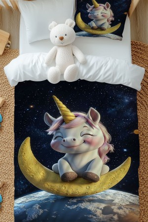Ayda Oturan Unicorn Desenli Kız Çocuk Tek Kişilik Nevresim Takımı Yastık Kılıflı