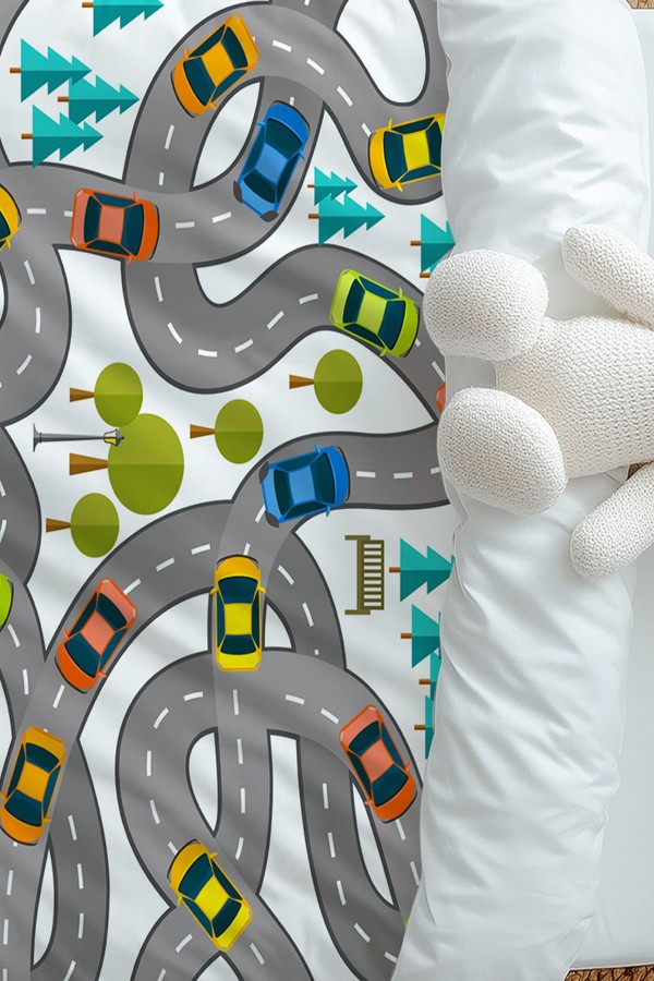 Trafik Araba Yol Desenli Erkek Çocuk Tek Kişilik Nevresim Takımı Yastık Kılıflı Trafik Araba Yol Desenli Erkek Çocuk Tek Kişilik Nevresim Takımı Yastık Kılıflı